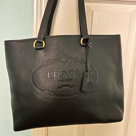 Sale! Authentic Prada Logo Embossed, Vitello Phenix Leather Tote - Picture 1 of 12